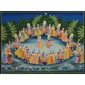 PICHWAI- PAINTED TEMPLE HANGING - Radha-Krishna Raas Pichwai (Handmade Painting 30x41 inches) rs03