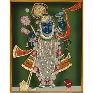 PICHWAI- PAINTED TEMPLE HANGING - Shrinathji Decorative Embossed Handmade Pichwai Painting - (Hand Painted on Wood) (8x10 inches Unframed) SN07