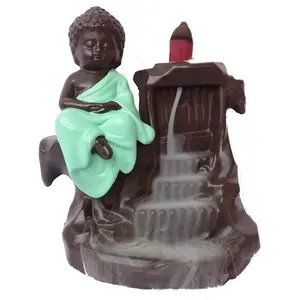 MEENAKARI ENAMEL PRODUCTS Polyresin Meditating Monk Big Buddha Incense Holder with 10 Free Smoke Backflow Scented Cone Incenses (Green) 10x8x13 cm
