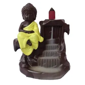 MEENAKARI ENAMEL PRODUCTS Polyresin Meditating Monk Big Size Buddha Incense Holder with 20 Free Smoke Backflow Scented Cone Incenses (Yellow)