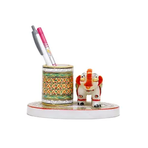 MEENAKARI ENAMEL PRODUCTS Decorative Round Marble Pen Stand for Office Table with Elephant Showpiece | Handicraft Home Decor Designer Holder with Rajasthani Meenakari Work for Home (Multicolor 15x7.5x7.5 cm)