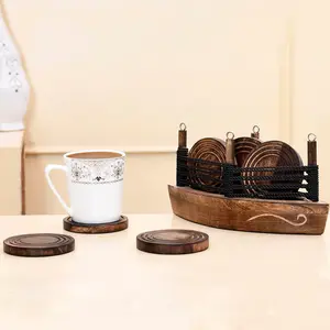 MEENAKARI ENAMEL PRODUCTS Wooden Boat Tea Coaster Set of 6 with Stand for Tea Cups Coffee Mugs Beer Cans Bar Tumblers and Water Glasses