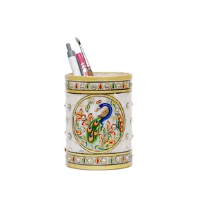 MEENAKARI ENAMEL PRODUCTS Decorative Round Marble Pen Stand for Office Table | Handicraft Home Decor Designer Peacock Printed Pen Holder with Rajasthani Meenakari Work for Home (Multicolor 4x3 Inch)