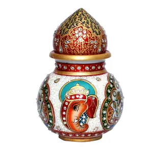 MEENAKARI ENAMEL PRODUCTS Marble Handicraft Designer Decorative Kalash for Pooja |Ganesh Printed Design Handmade Meenakari Work Makarana Marble Kalash |(20 x 20 x12 CM) (Pack of 1)