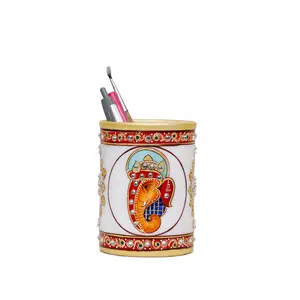 MEENAKARI ENAMEL PRODUCTS Decorative Round Marble Pen Stand for Office Table | Handicraft Home Decor Designer Pen Holder with Rajasthani Meenakari Work for Home (Multicolor 7.5x7.5x10 cm)