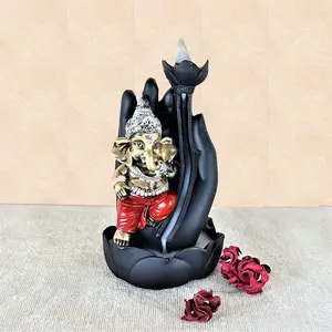 MEENAKARI ENAMEL PRODUCTS Poly Resin Ganesha Sitting on Palm Smoke Backflow Fountain Cone Incense Holder with 20 Smoke Backflow Scented Cone Incenses (Rust Red)