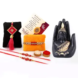 MEENAKARI ENAMEL PRODUCTS Resin Buddha Idol Raksha Bandhan Greeting Roli Rice Pack and 4 Rakhi Gifts Combo Set (Black and Golden 10 cm x 7 cm x 16 cm)
