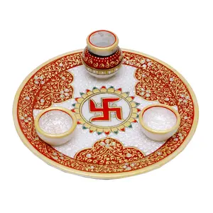 MEENAKARI ENAMEL PRODUCTS 9 Inch Designer Decorative Marble Pooja Thali | Round Shape Handicraft Home Decor Puja Plate Set with Meenakari Work for Home and Office (Multicolor 23x23x7.5 cm)