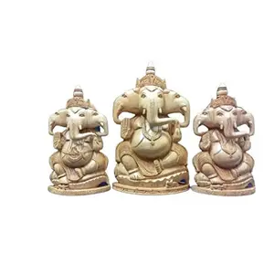 SAHARANPUR HANDICRAFTS Ganesha Idol Large Wooden Three Face Ganesha Statue for Gift Hindu God Ganesha Idol Murti for Good Luck & Success Gift