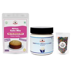 Foodfrillz Millet: Deliciously Healthy Cake Pre-Mix With Whipping Cream Powder(Vanilla) Rainbow Sprinkles (Strands) Combo of 3 (Classic Vanilla Flavor)