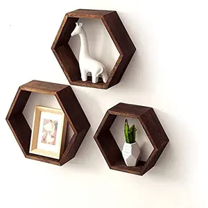 SAHARANPUR HANDICRAFTS Shoppee Hexagon Floating Shelves Modern Honeycomb Wall Mounted Geometric Wood Decor for Living Room (Set of 3) (Brown)