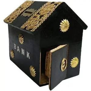 SAHARANPUR HANDICRAFTS Small Size Money Bank / Money Collector / Piggy Bank/ Gullak for Child with Lock (Black Hut Shape)