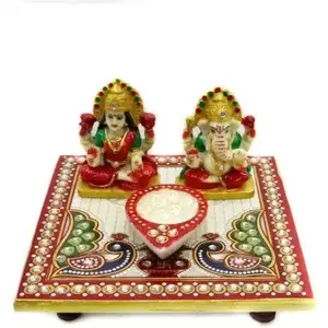 MEENAKARI ENAMEL PRODUCTS Marble Ganesha Laxmi on Chowki with Diya I Combo I Set I Lamp I Pooja I Puja I Temple I Gifting I Religious I Home Decor I Diwali