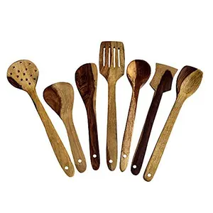 SAHARANPUR HANDICRAFTS Wooden Cooking and Serving Spoons Non Stick (Set of 7) - Kitchen Tools Utensils SpatulasLadles