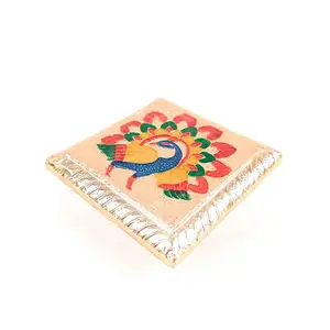 MEENAKARI ENAMEL PRODUCTS Minakari Puja Chowki Bajot | Compact Pooja Chowki for Small Spaces - Peacock Design (4 Inch Golden) - for Festivals Puja Home Decor and Return Gifts