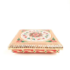 MEENAKARI ENAMEL PRODUCTS Wooden Minakari Puja Chowki | Wooden Chauki Bajot (6 Inch Golden) - for Festivals Puja Home Decor and Gifts