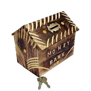SAHARANPUR HANDICRAFTS Wooden Hut Shaped Mango Money Bank| Coin Box| Gullak| Money Bank for Kids & Adults| Wooden Gullak| Saving Boxes- Brown