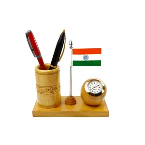 SAHARANPUR HANDICRAFTS Wooden Handmade Desk Organiser Pen Pencil Stand with Clock & Flag for Office and Students use
