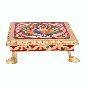 MEENAKARI ENAMEL PRODUCTS Golden meenakari Wooden Pooja bajot All Purpose chowki Peacock Design for Pooja ghar Gold(6" X 6" INCHES)