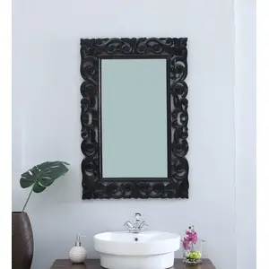 SAHARANPUR HANDICRAFTS 3.2 Feet Mango Wood Square Black Polished Wall Mirror (38 * 24 in)