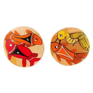 Traditional Patachitra Art Wooden Coaster Set of 2 by SAHARANPUR HANDICRAFTS (8cm X 8cm)
