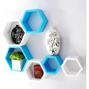 SAHARANPUR HANDICRAFTS Hexagon Shape Set of 6 Floating Wall Shelves/Wall Bracket/Wall Shelf for Home Decor Home Living Room (Blue & White)