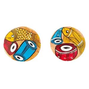 Handcrafted Patachitra Art Wooden Coaster Set of 2 by SAHARANPUR HANDICRAFTS (8cm X 8cm)