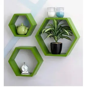 SAHARANPUR HANDICRAFTS Wooden Wall Shelf Hexagon Shape Storage Wall Shelves Set of 3 (Standard Green)Medium(L-02)
