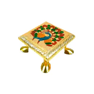 MEENAKARI ENAMEL PRODUCTS Wooden Minakari Chowki Bajot | Wooden Pooja Chowki - 4 Inch (Golden) - Religious Meenakari Choki for Festivals Puja Home Decor and Gifts
