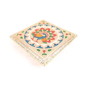 MEENAKARI ENAMEL PRODUCTS Wooden Minakari Puja Chowki | Wooden Chauki Bajot - Peacock Design (6 Inch Golden) - for Festivals Puja Home Decor and Gifts