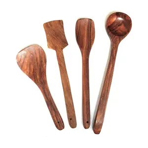 SAHARANPUR HANDICRAFTS Multipurpose Serving and Cooking Set for Non Stick Spoon for Cooking Baking Kitchen Tools Essentials Wooden Non Stick Wooden Serving and Cooking Spoon Kitchen Utensil (Set of 4)
