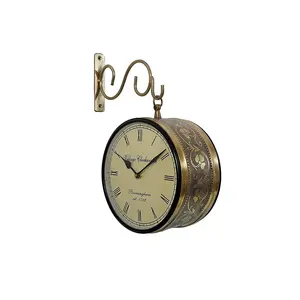 SAHARANPUR HANDICRAFTS Double Side Brass Finishing Antique Wood Railway Clock (8 x 8 Inch)