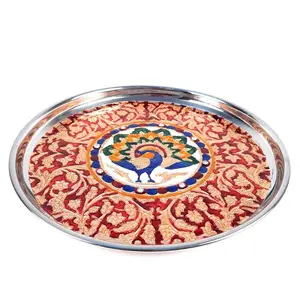 MEENAKARI ENAMEL PRODUCTS Meenakari Pooja Thali Peacock Design Stainless Steel Decorative (Red|11 Inch) for Pooja Festivals | House Warming Gifting | Wedding Occasions