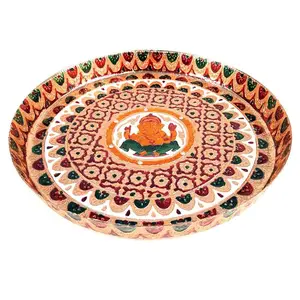 MEENAKARI ENAMEL PRODUCTS Pooja Thali Ganesha Design Stainless Steel Meenakari Pooja Plate (Multicolor|13 Inch) for Diwali Home Temple Office Wedding Return Gift Items