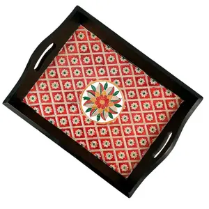 MEENAKARI ENAMEL PRODUCTS Wooden Tray | Serving Trays for Tea Coffee & Snacks with Meenakari Work - for Home Dining Table Organization Kitchen & Gifts - 14 inch