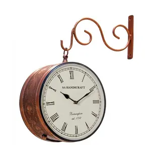 SAHARANPUR HANDICRAFTS Double Side Antique Decorative Railway Metal Wall Clock with Copper Finishing (Brown 8 x 8 Inch)
