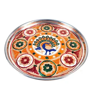 MEENAKARI ENAMEL PRODUCTS Pooja Thali Peacock Design Stainless Steel Decorative Meenakari Pooja Plate (Multicolor|9 Inch) for Home Dcor/Pooja & Gifts