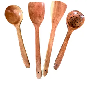 SAHARANPUR HANDICRAFTS Wooden Spoons Set of 4 Cooking & Serving Spoon | Ladle & Spatula in Neem Wood Antibacterial Kitchen Tools