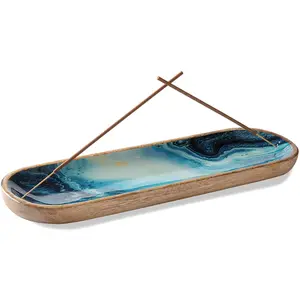 SAHARANPUR HANDICRAFTS Natural Wood Agarbatti Incense Holder and Ash Catcher for Home Wooden Incense Tray for Sticks Mango Wood Stick Tray Blue 1 Piece(Rectangular)