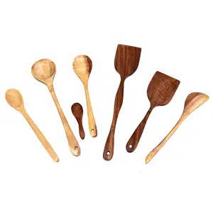 SAHARANPUR HANDICRAFTS Wooden Cooking Spoon Set with Spatulas for Non-Stick Pan Holder|Antibacterial Neem Wood Kitchen Utensil Cooking Set Non Scratch for Cooking & Serving with Small Spoon - Brown Pack of 7