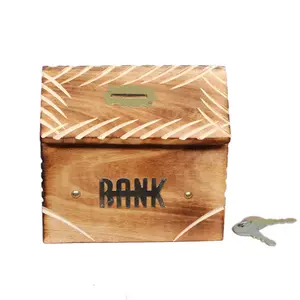 SAHARANPUR HANDICRAFTS Handmade Wooden Money Bank Handcrafted Coin Box Money Box Piggy Bank Saving Box Beautiful Design with Brass Work (5 * 6 * 4)