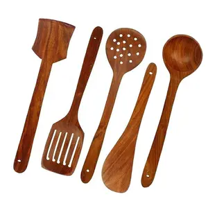 SAHARANPUR HANDICRAFTS Set of 5 Handmade Wooden Serving and Cooking Spoons Ladles and Spatulas with Non-Stick Surfaces