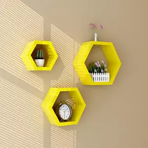 SAHARANPUR HANDICRAFTS Wood Shelf Set of 3 Yellow