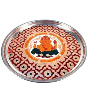 MEENAKARI ENAMEL PRODUCTS Pooja Thali Ganesha Design Stainless Steel Decorative Pooja Plate (Red |9 Inch) for Navratri Diwali Poojan/Pooja Room/Festival Gifting