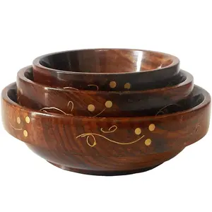 SAHARANPUR HANDICRAFTS Wooden Serving Bowl for Soup & Salad Snacks Dry Fruit Sisam Wood with Brass Work Decorated Table (Set of 3) |
