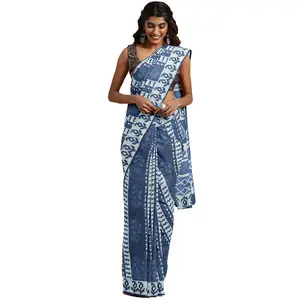 AKOLA DABU PRINT SAREE Women's Pure Cotton Handblock Printed Saree and Blouse (BHKPSA0096 Blue)