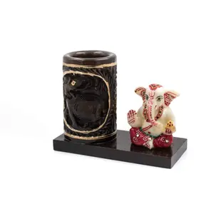SAHARANPUR HANDICRAFTS Handmade Elephant Design Wooden Pen Stand with Ganesha (Dark-Brown)