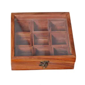 SAHARANPUR HANDICRAFTS Store Wooden Utility/Masala Box Spice Box - Sheesham Wood Spice Box Container with Transparent Top - Spice Box Holder(1Pc Wooden Spoon Free)