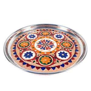 MEENAKARI ENAMEL PRODUCTS Pooja Thali Flower Design Stainless Steel Decorative Meenakari Pooja Plate (Multicolor|11 Inch) for Home Dcor/Pooja & Gifts