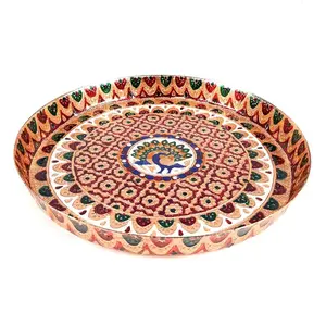 MEENAKARI ENAMEL PRODUCTS Pooja Thali Peacock & Flower Design for (Red|13 Inch) Welcome Plate/Home/Pooja/Wedding/Festival Pooja Thali
